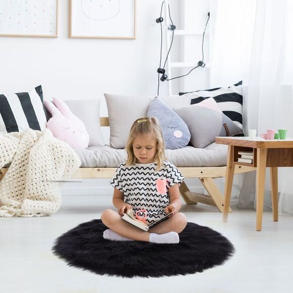 Faux Fur Round Rug Fluffy Area Rugs for Bedroom 3 x 3 Feet Black - Picture 4 of 6